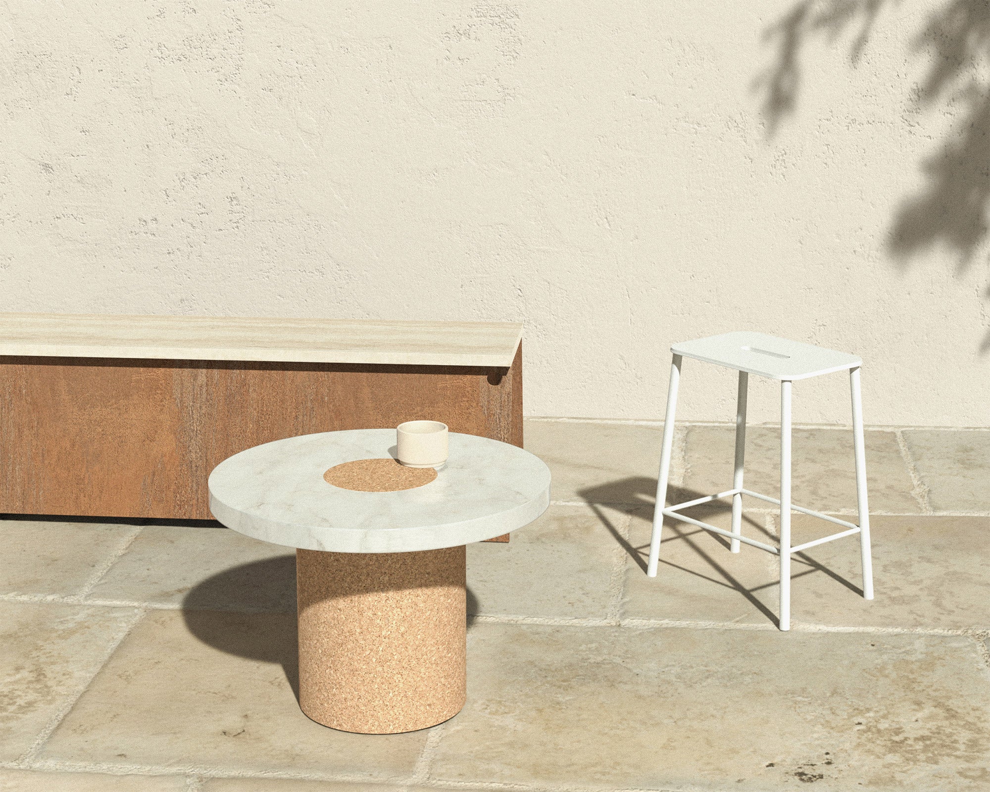 FRAMA - 64 Bench | Corten Steel / Travertine