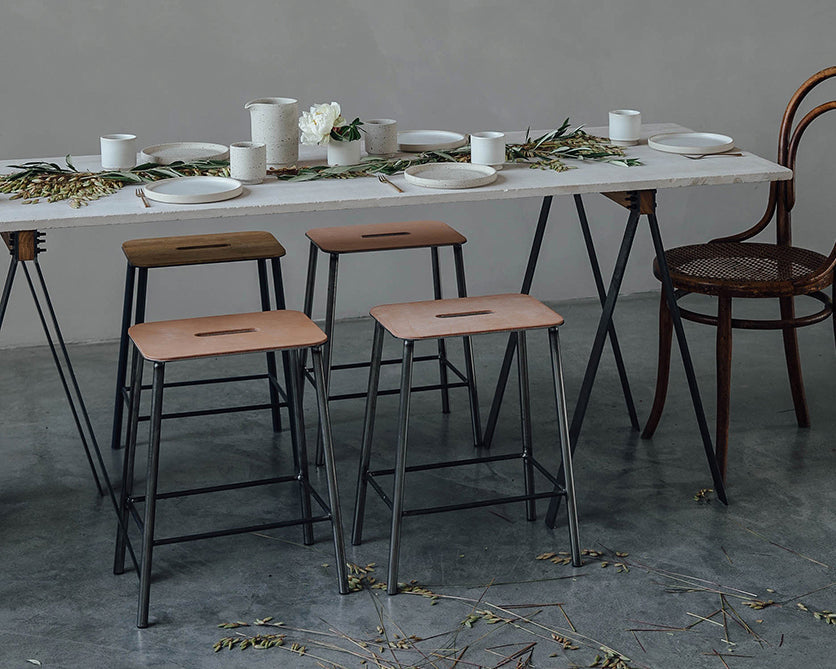 FRAMA - Adam Stool | Raw Steel / Natural Leather | H50