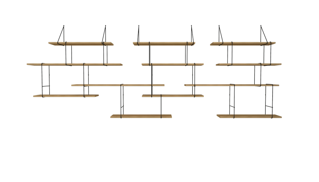 hanging shelf composed of 3 long oak wood planks, 9 small oak wood planks held together by 15 black steel bracket on white background
