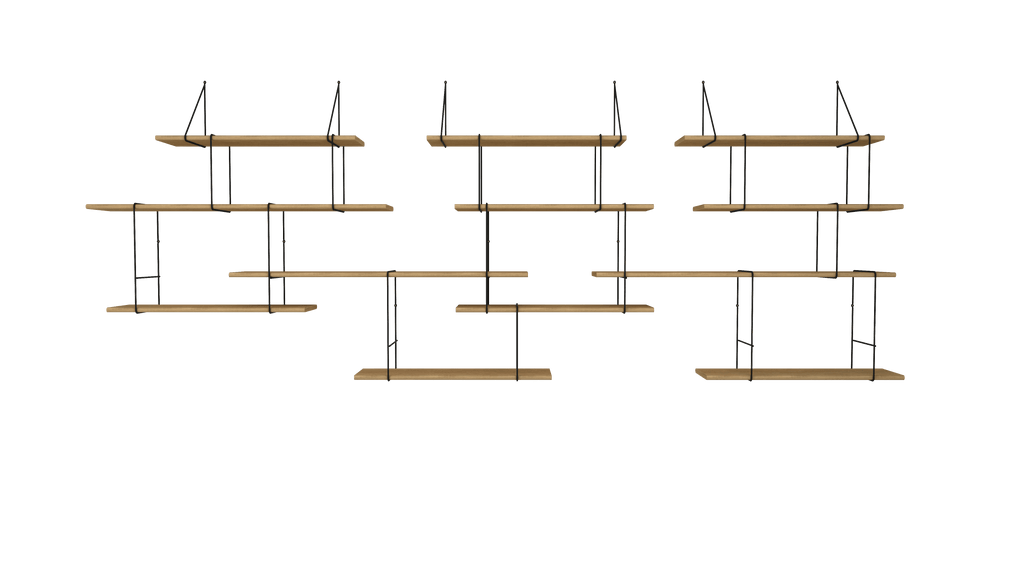 hanging shelf composed of 3 long oak wood planks, 9 small oak wood planks held together by 15 black steel bracket on white background