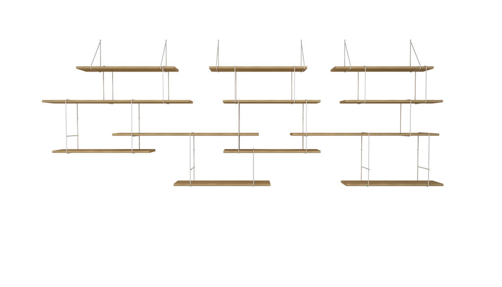 hanging shelf composed of 3 long oak wood planks, 9 small oak wood planks held together by 15 white steel bracket on white background