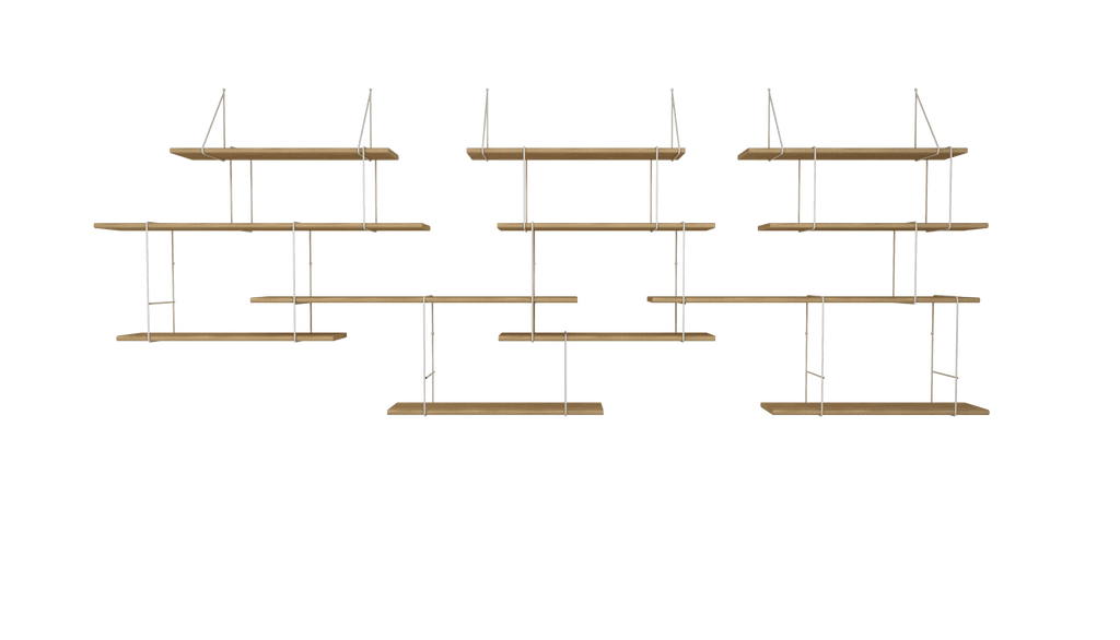 hanging shelf composed of 3 long oak wood planks, 9 small oak wood planks held together by 15 white steel bracket on white background
