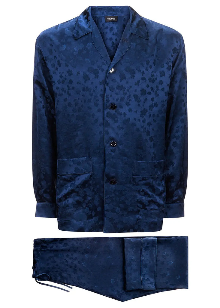 MENG Blue Floral Silk-Jacquard Printed Silk Satin 