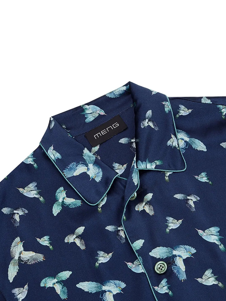 MENG Navy Printed Silk Satin Pajama Set 